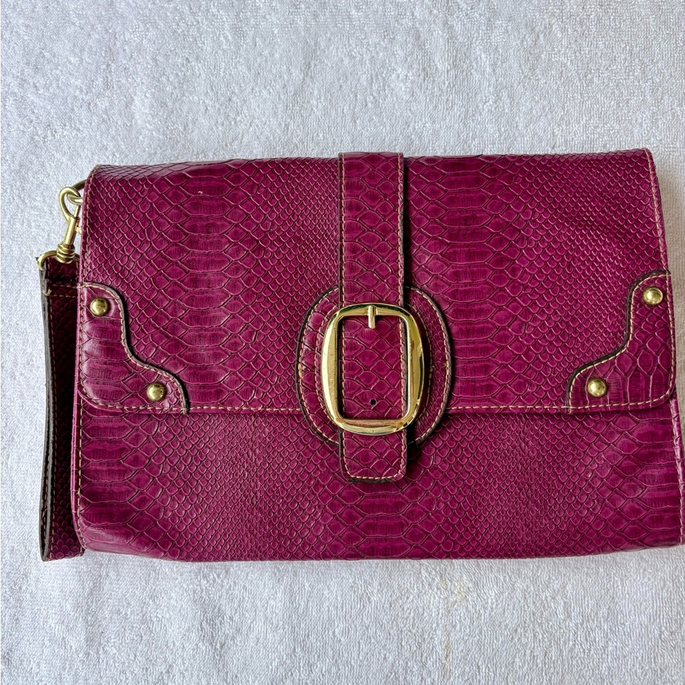 Vegan Leather Clutch Burgundy Snakeskin Wrist Strap. Brass Hardware Brunch Date